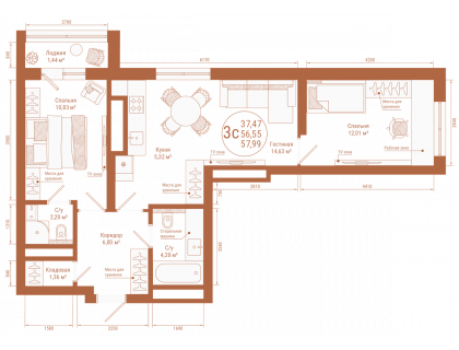 Планировка 3-комн. · 58.1 м²
