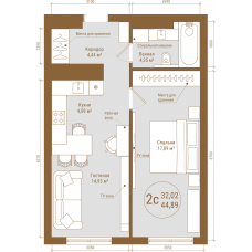 Планировка: 2-комн. квартира, 44.9 м²