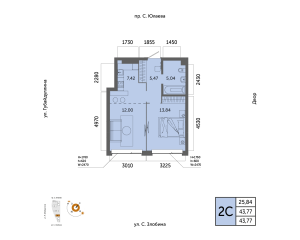 Планировка 2-комнатные 43,8 м²