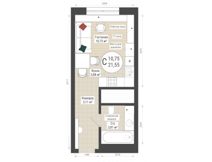 Планировка Студия · 21.6 м²