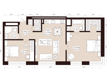 Планировка 3-комн. · 70.1 м²