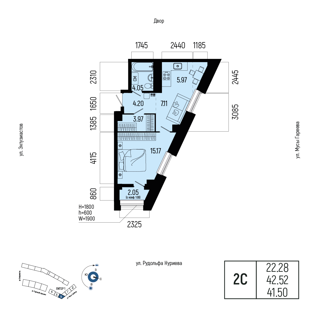 Планировка 2-комнатная квартира 41,5 м² в ЖК «Новатор», 6 этаж — 9 075 000 ₽