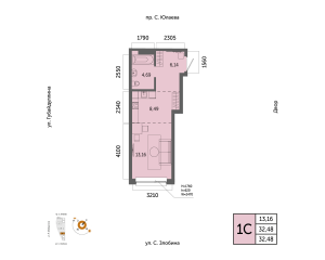 Планировка 1-комнатные 32,5 м²