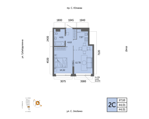 Планировка 2-комнатные 44 м²