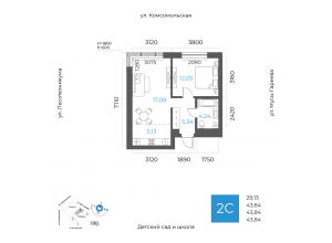 2-комн. · 43,8 м²