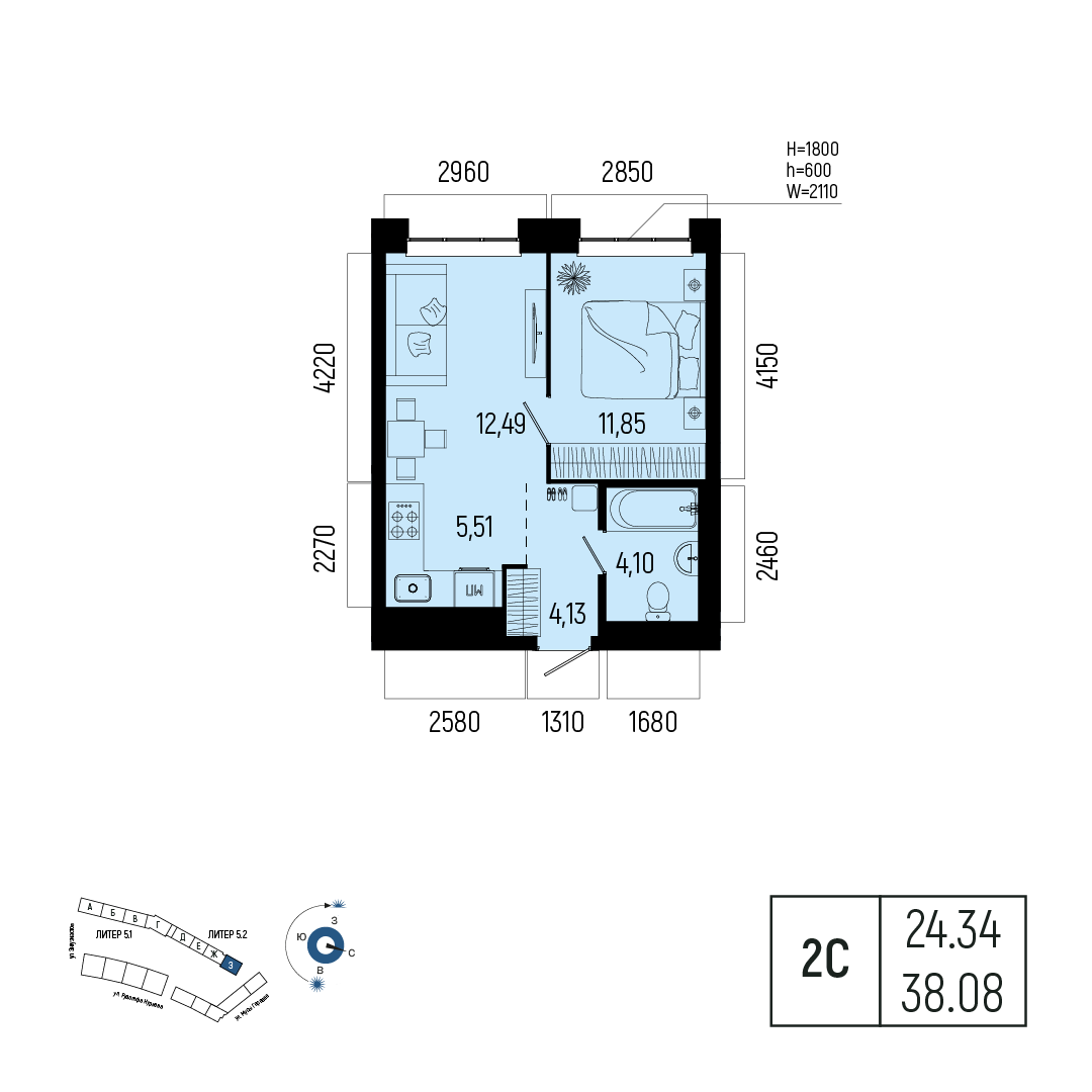 Планировка 2-комнатная квартира 38,1 м² в ЖК «Новатор», 20 этаж — 8 852 500 ₽
