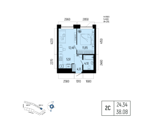 Планировка 2-комнатные 38,1 м²