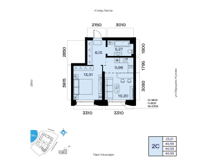 Планировка 2-комнатные 40,6 м²