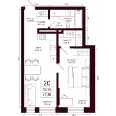 Планировка: 2-комн. квартира, 48.3 м²
