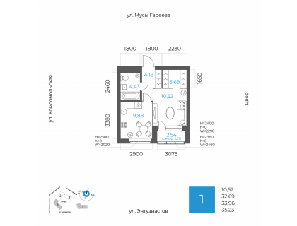 Планировка 1-комн. · 34 м²