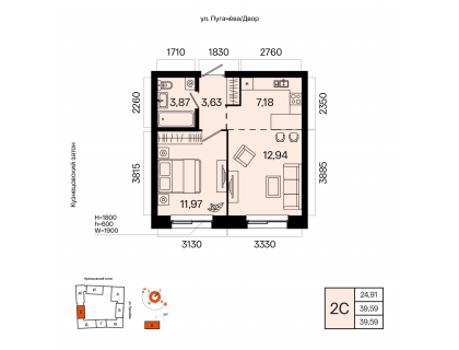 Планировка 2-комн. · 39.6 м²
