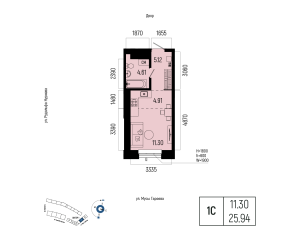 Планировка 1-комнатные 25,9 м²