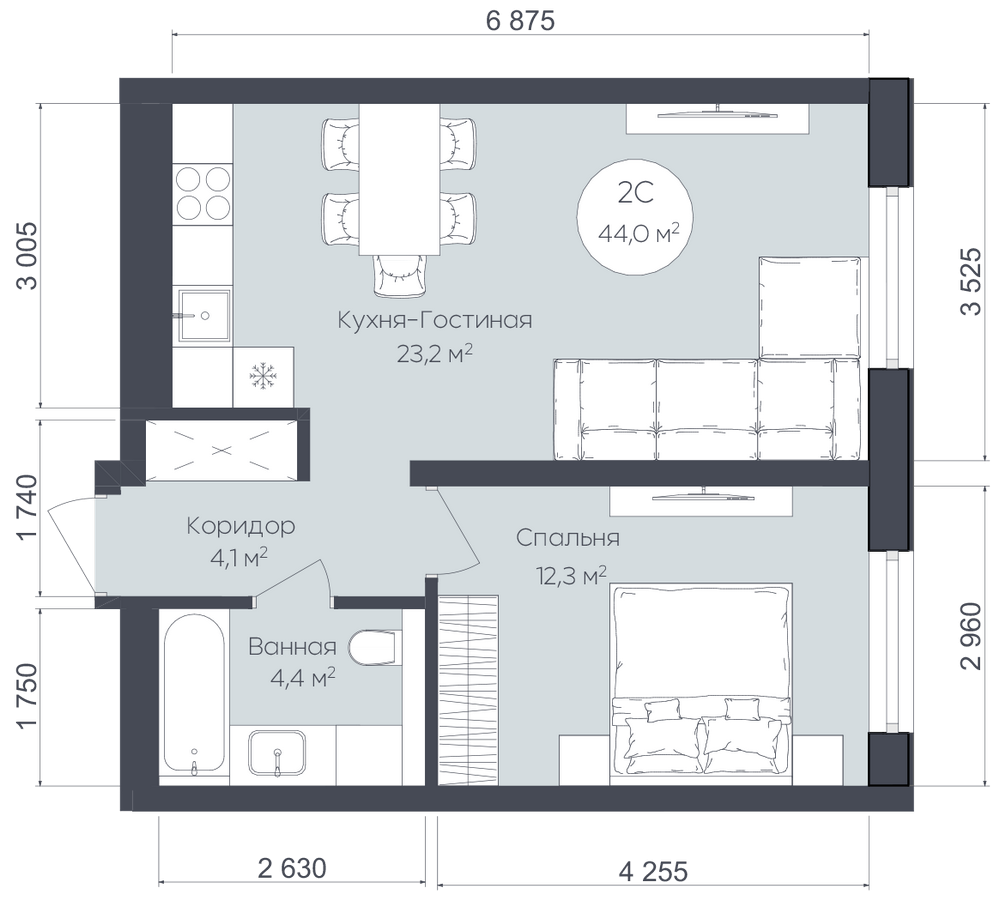 Планировка: 2-комн. квартира, 44 м²