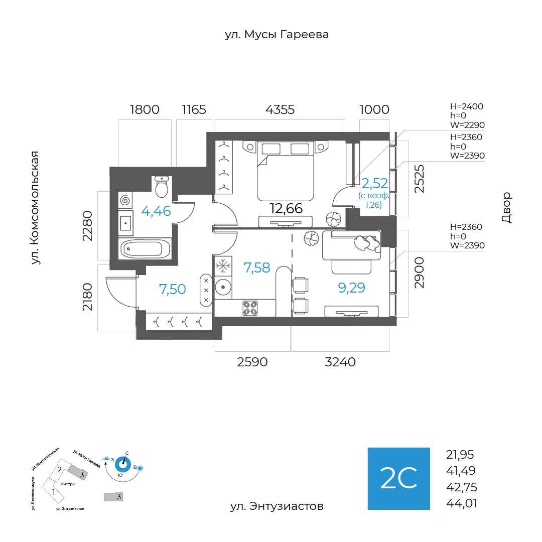 Планировка 2-комнатная квартира 42,8 м² в ЖК «8 НЕБО», 13 этаж — 10 696 500 ₽