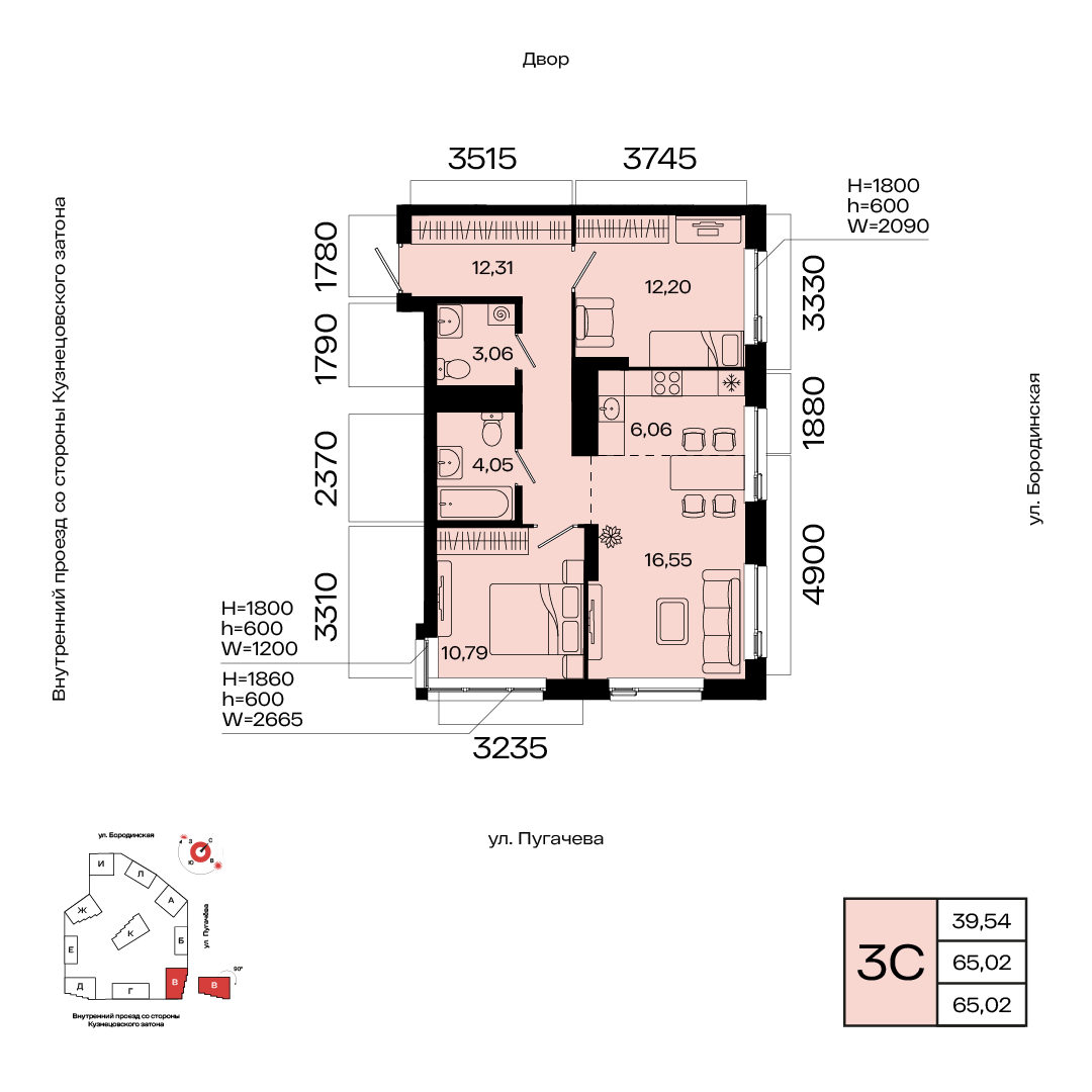 Планировка 3-комнатная квартира 65 м² в ЖК «МИР», 10 этаж — 10 232 800 ₽