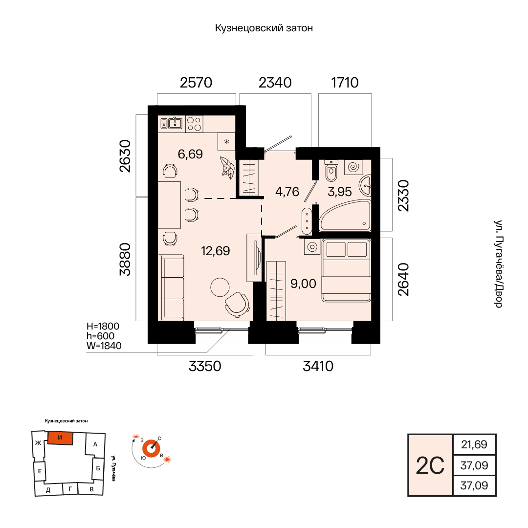Планировка 2-комнатная квартира 37,1 м² в ЖК «Первый Остров», 4 этаж — 7 782 200 ₽