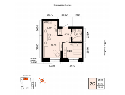 Планировка 2-комн. · 37.1 м²