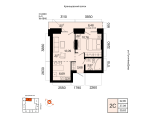 Планировка 2-комнатные 39,6 м²