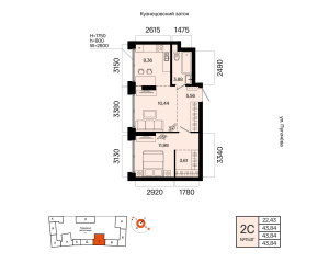 Планировка 2-комнатные 43,8 м²