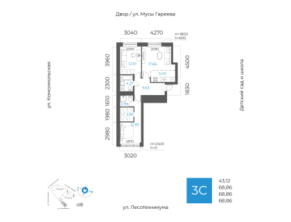 Планировка 3-комн. · 68.9 м²
