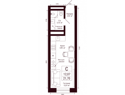 Планировка Студия · 21.7 м²