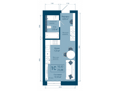 Планировка 1-комн. · 25.9 м²