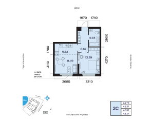 Планировка 2-комнатные 42,4 м²