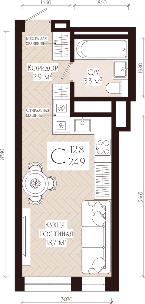 Планировка: 1-комн. квартира, 24.9 м²