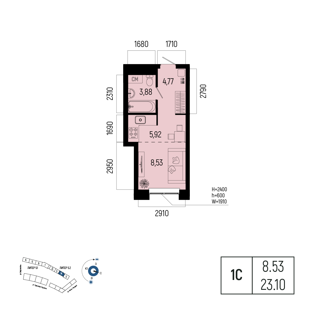 Планировка 1-комнатная квартира 23,1 м² в ЖК «Новатор», 25 этаж — 7 103 300 ₽