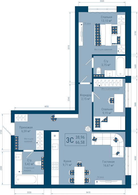Планировка: 3-комн. квартира, 66.6 м²