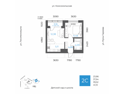 Планировка 2-комн. · 39.5 м²