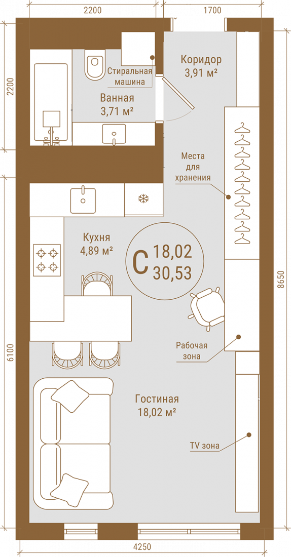Планировка: Студия, 30.5 м²