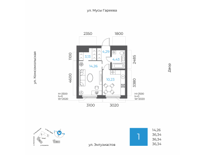 Планировка 1-комн. · 36.3 м²