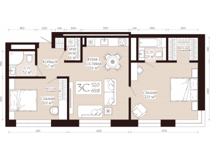 Планировка 3-комн. · 69.8 м²