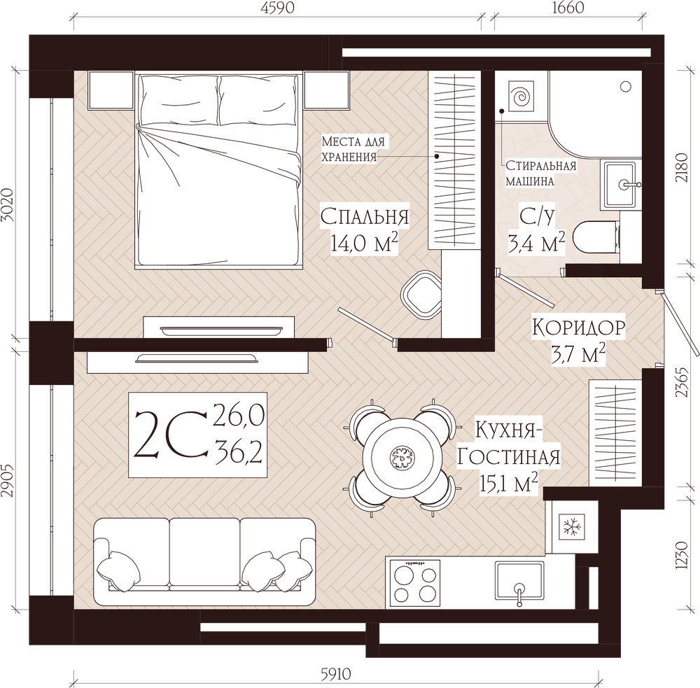 Планировка: 2-комн. квартира, 36.2 м²