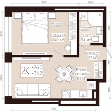 Планировка: 2-комн. квартира, 36.2 м²