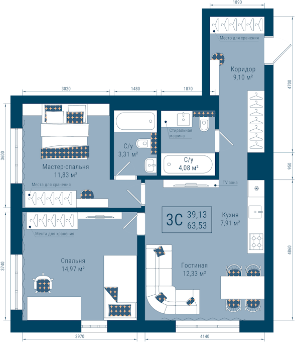 Планировка: 3-комн. квартира, 63.5 м²