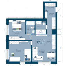 Планировка: 3-комн. квартира, 63.5 м²