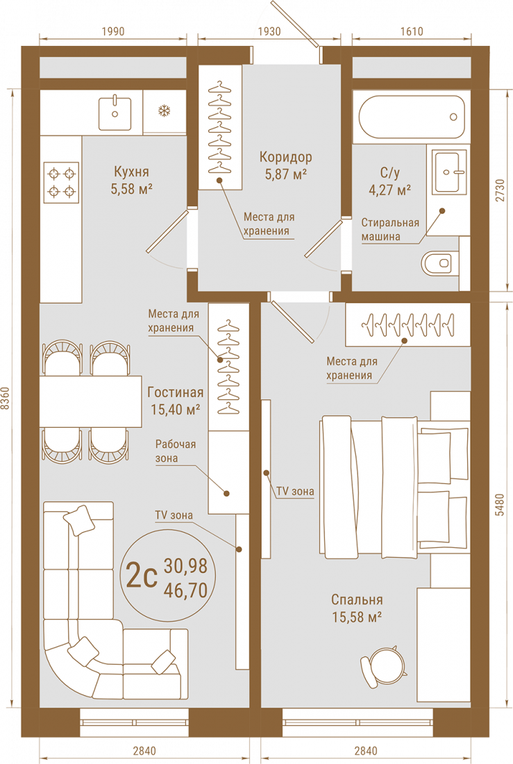 Планировка 2-комнатная квартира 46.7 м² в ЖК The Prime, 25 этаж — 13 651 085 ₽