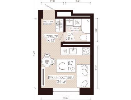Планировка 1-комн. · 17 м²
