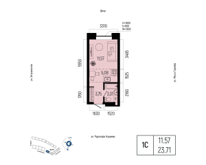 Планировка 1-комнатные 23,7 м²