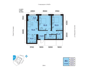 Планировка 3-комнатные 66,6 м²