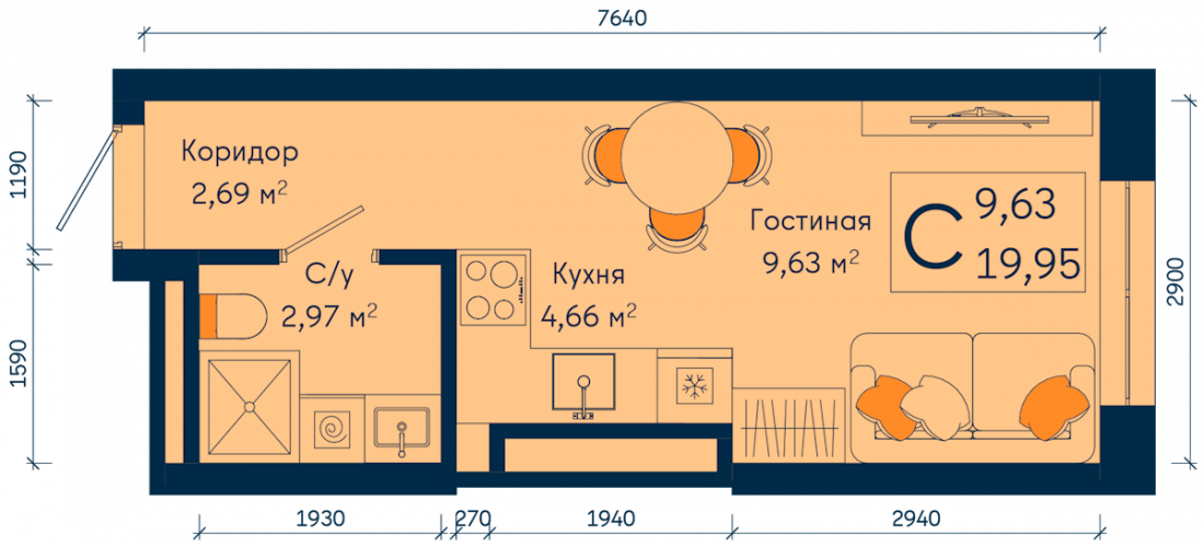 Планировка: Студия, 20 м²