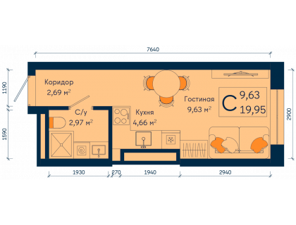 Планировка Студия · 20 м²