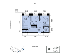 Планировка 2-комнатные 55,5 м²