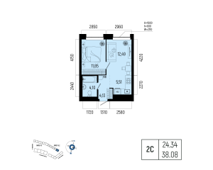 Планировка 2-комнатные 38,1 м²