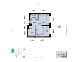 Планировка 1-комнатные 39,3 м²
