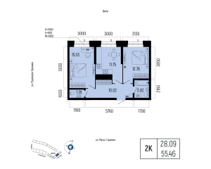 Планировка 2-комнатные 55,5 м²