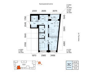 Планировка 3-комнатные 74,2 м²