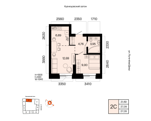 Планировка 2-комнатные 37,1 м²